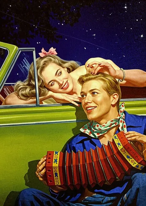 painting of a man and woman in a car with a accordion, by Art Frahm, retro illustration, inspired by Art Frahm, 1950s illustration style, 5 0 s pulp illustration, vintage magazine illustration, by Jon Whitcomb, 1 9 5 0 s americana tourism, ( art fitzpatrick ), by Maurice Braun, enoch bolles, illustration!