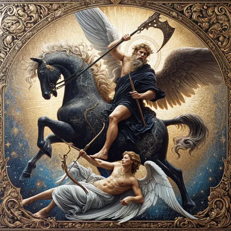 Bolivar on his white horse with his military uniform of the time and Saint Michael the Archangel descending from heaven battling against demons that rise from hell