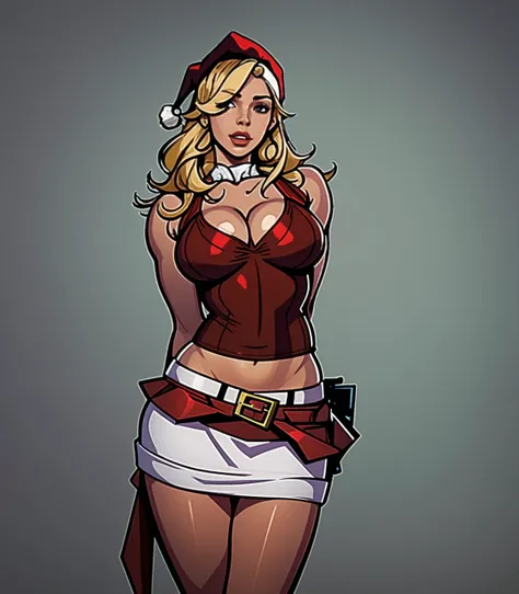1woman cyberpunk miss claus sexy christmas, dynamic posing, massive sagging breasts, outside posing in christmas town at night with presents and festive lights, high saturation highres high quality detailed