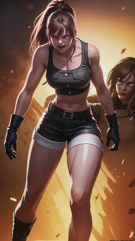 A fierce (female agent )1.2 in a kneeling position, wearing (black cargo pants)1.4, (black tank top)1.2, (obscured face)1.3, analog style nofilter selfie, posing in an (indoor training area)1.2, (backlit)1.2, (film grain)1.2, cinematic movie still frame, black sneakers with white soles, various equipment in the background.