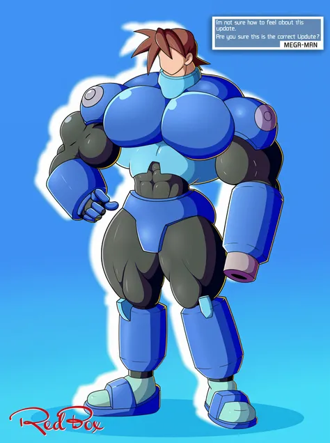 blue boots , yellow shoulder pads, blue helmet , Brown hair , green eyes, Blue suit, 1 boy, full body, masculine, muscular, happy, megaman. Exe ,muscle , bodybuilder  ,hypermuscle , human , boy , male , Pecs , Big , huge butt 