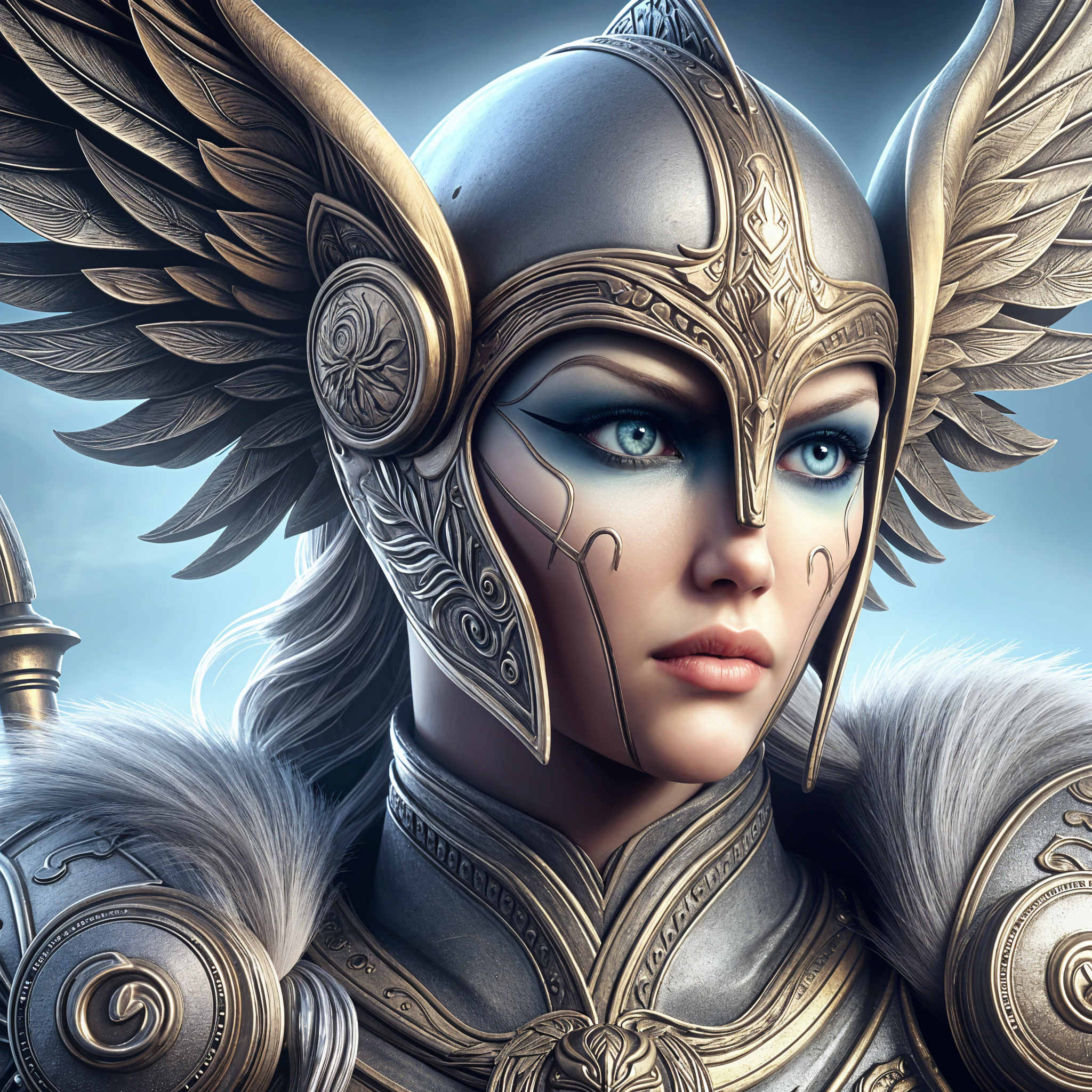 A close up of a woman with a helmet and wings on - SeaArt AI