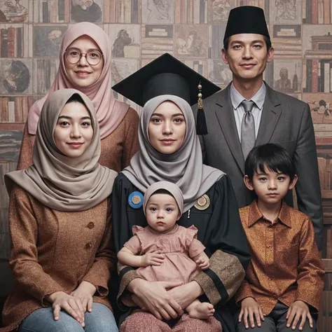 Family photo in Indonesia, 12 members, 1 woman wearing a graduation gown, complete with a graduation cap, wearing a hijab, sitting in the middle. Four women wearing navy batik kebaya, wearing a hijab, three adult men wearing navy batik shirts and black pants, two boys aged 3 and 6, two girls aged 3 and 10 wearing the same clothes. Studio photo, sitting pose on the sofa, white living room, sharp details, UHD 8k.
