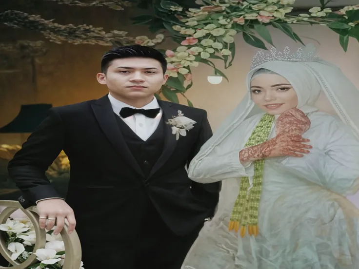 Portrait of Indonesian groom wearing black cap and suit, with bride wearing white dress