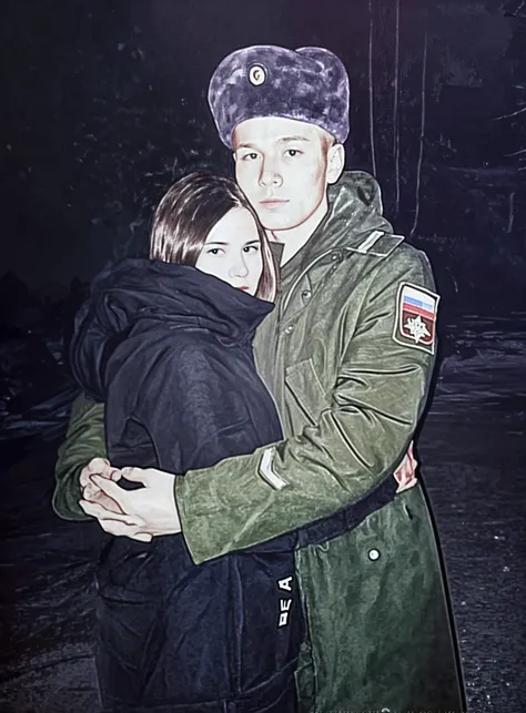 RAW photo BREAK Halfbody portrait, (ultra-wide angle:1.25), of an teens - {Ugly misshapen Russian brown-eyed dark-haired brother, hugs green-eyed blonde sister}, (skin blemish, detailed skin:1.25), on Moscow street, well defined face, Old tattered clothes, vintage cut, (Khrushchev brutal buildings on background:1.25}, a dark cinematic theme, by (john Wilhelm:1.36), BREAK soft lighting, professional colorgraded, 4k textures, ultra detailed, chromatic aberration, uhd, dslr, soft lighting, high quality, film grain, Fujifilm XT3