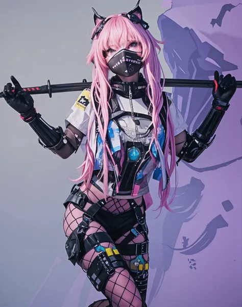(original: 1.2), masterpiece, best quality, a futuristic looking cyborg girl with a black cyberhelmet head with pentagram lights, wearing tank-top, crop top, wearing pink techwear jacket, wearing short pants, cool pose, long legs, on the street, satanic