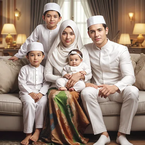 Family photo in Indonesia, six members, one grandfather and grandmother aged 55, father and mother aged 40, and two chubby boys aged 13 and 6. They are wearing coordinated grey and white Muslim clothes and sharia-compliant long dresses, in a luxurious living room studio. There is a small table with several snack jars on it, daylight illumination, green flower vase, realistic, ultra HD, 16k.