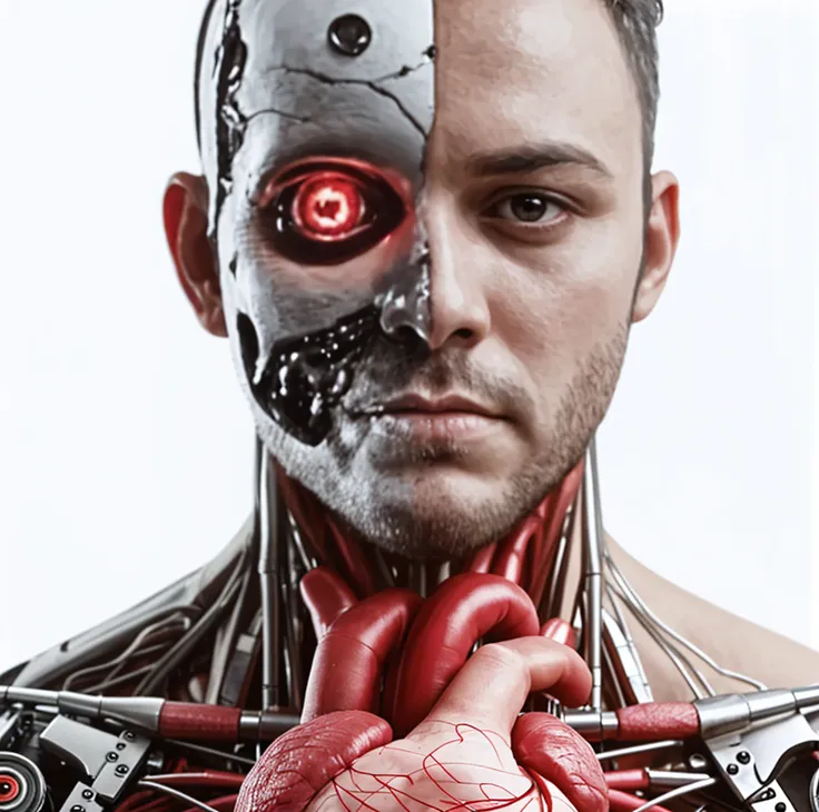 guttonerdjul23, imagem de meio corpo de um cyborg totalmente tecnologico, fios no lugar de vasos sanguineos, implantes roboticos no rosto, olho bionico, Artificial brain, corpo de metal e carne. Reslista, intrincado, UHD