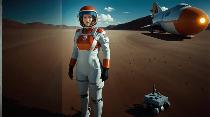 Imagem de uma mulher em um traje futurista com uma nave espacial ao fundo, arte do filme, na frente de um fundo laranja, inspirado em Robert McGinnis, protagonista feminina, megaestrutura em segundo plano, Retrato de um astronauta de IA, Astronautas, um astronauta, Retrato de um esqueleto de astronauta, menina android perfeita, Frank Franzzeta e Sakimichan