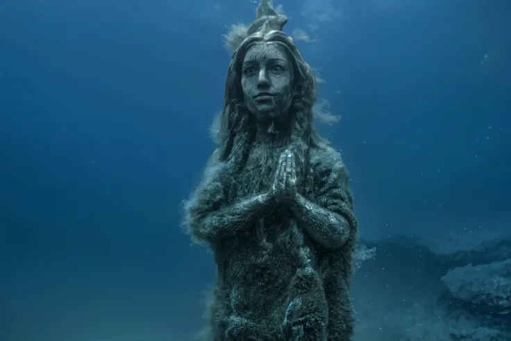 a photo of the statue of the personification of grief covered with candles and hot wax, covering the face with its hands, black tears dripping from the cheeks, the whole statue is covered in dense cobwebs and grease, higly detailed, black isolatet cave, tarnished, grunge, glowing cracks