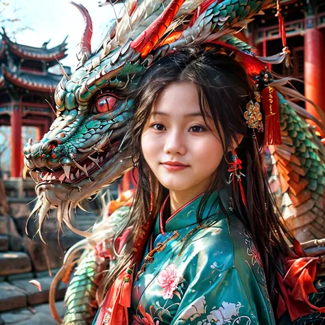 A RAW format photo captures an 18-year-old Latina with a captivating face adorned with emerald eyes, freckles, and brunette hair, complemented by tasteful tattoos. She poses alongside her petite dragon pet to celebrate the Chinese Lunar New Year. Donned in traditional Chinese attire, with delicate silk fabrics and intricate embroidery, she stands gracefully against the backdrop of a vibrant Chinatown street bustling with Lunar New Year festivities. The DSLR photo exudes a nostalgic ambiance reminiscent of ancient celebrations, with lanterns casting warm glows, auspicious red hues, and wisps of incense smoke drifting in the air. The composition captures the duo in a dynamic pose, framed by ornate traditional architecture and festive decorations, invoking the spirit of the Lunar New Year with cinematic flair.