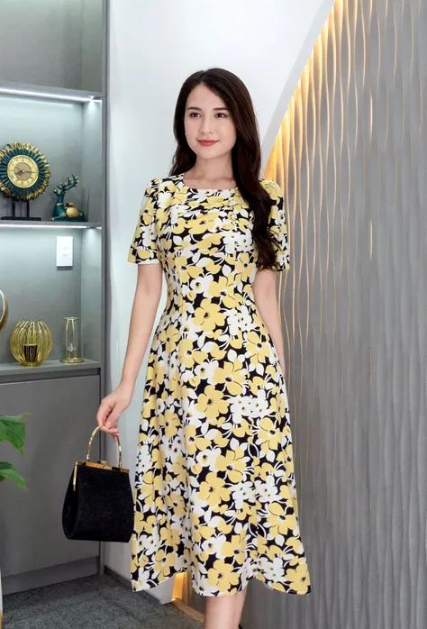 Araffe woman in a yellow dress standing next to a wall - SeaArt AI