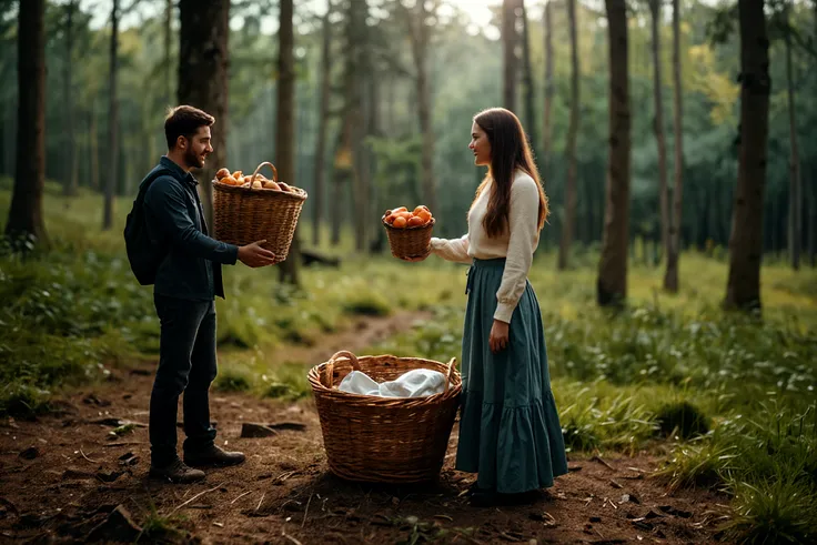 There is a man and woman standing in the woods with baskets of apples ...