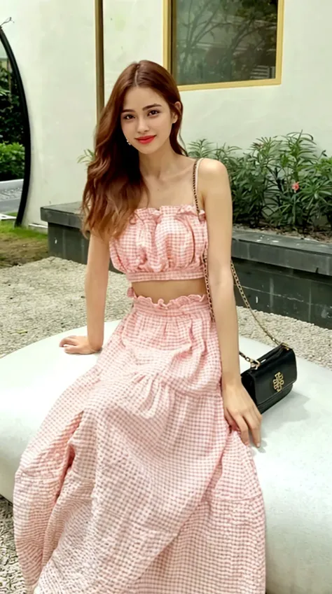 female idol、full body Esbian、、miniskirt pink costume、、Light blonde hair、Good Style、、big summer hat、off shoulders