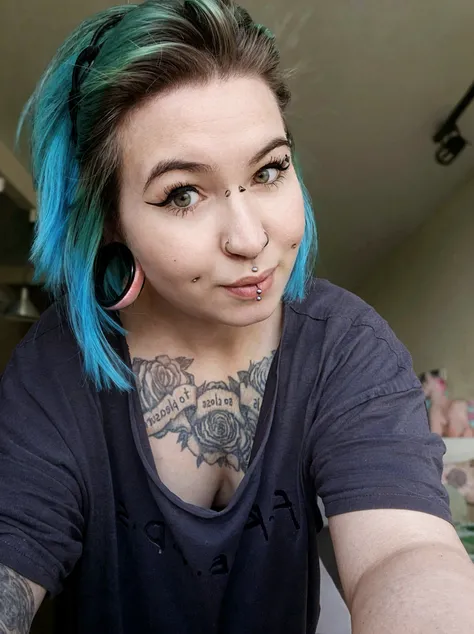 iphone mirror selfie, holding phone, ginger girl, greek, freckles, ponytail wrapped hair, tattoed, black eyes, dark eyes, black g string, punk rock make up, black thong,