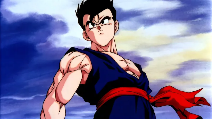 (Eine detaillierte Zeichnung von gohan, bodybuilding gym.), shirtless, huge muscle Body, Big Bizeps, Big shoulders, muscukar legs,abs, barefoot, mma, Full body image