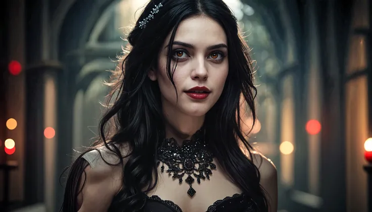 young handsome hetero Man Jinx Edward vampire with big indigo-eyes and gems and long black hair, with nice and delicate face, in a dark gothic magic castle with annie and claudia and Lestat