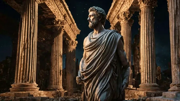 An image of Marcus Tullius Cicero standing in the center of the bustling Roman Forum, surrounded by statues and ancient ruins.,original,Marcus Tullius Cicero has a slender and tall build with a prominent forehead and high hairline. He has a long, thin face, a straight nose and a sharp chin. He has expressive and animated facial expressions. Meticulous in his appearance. Often wears a Roman Toga. He pays attention to his hair and beard.