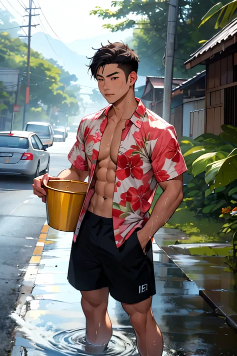there is a man in an orange transparent wet thong holding a bucket , wet swimsuit,, cartoon digital painting, comic digital art, inspired by Brothers Hildebrandt, storm weather, rainy environment, tropical leaves and dark sky background, wet shiny juicy looking skin and muscles