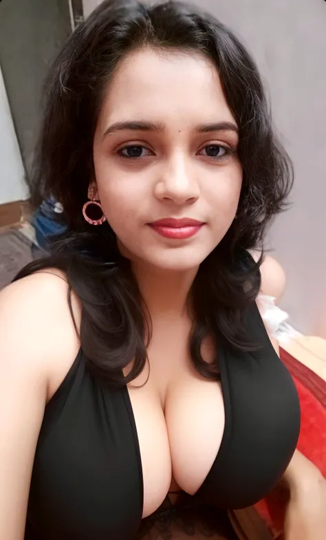 Indian Delhi girl, wearing saree, age 25 with big boobs deep cleavage sexy, front facing pink, lips smile on face, she is wearing saree