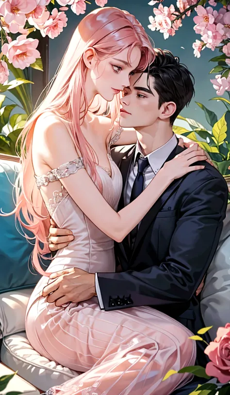 kiss、kiss、Couple、couple kissing、Romance、Have sex 、Wet genitals、put in 、Overflowing、Full body paint,(一人の女と一人のhuman),(human, Rubbing a girl's),Blushed cheeks、Wet genitals、 Sen、With legs wide open、Cowgirl、Shaking breasts、Wet shirt、Sheer lace underwear、Remove underwear、Nipples、Nipplesが透ける、ピンクNipples、Pink areola、clitoris、Interstrand、Coupleポーズ, Attractive pose, kissing together cutely, Passionate pose, 素敵なCouple, 1人human,(Blonde hair with bangs, Golden Eyes、expensive、190cm、humanらしい、human前、Beautiful shape、Best Style、 The delicate prince,Beautiful Prince,)(Tabletop, Digital Art, Digital Illustration, 4K, 8k, Very detailed, Beautiful images, Clear images, Realistic, RAW Photos, Perfect Face, Perfect Lines, Perfect Eyes, Soft lighting)、1 female(Pink Hair,Straight Long Hair、Pink Eyes、Cute big eyes,A kind smile、Decorate your hair with flowers、petal)、Licking each other、Licking a girl、Face to face、Put your arms around her waist、hug、Grab the waist、standing、araffe woman in a white lingerie posing for a picture, lingeries beauty, wearing sexy lingerie, , Translucent dress, Translucent body, iridescent shiny sheer lingerie, Sexy Dress, wavy lingeries, Smooth, transparent white skin, lingerie, Beautiful and sexy woman photos, Sexy Style, Lovely lady, transparent gray dress, V-shaped clothing with an open neckline, Young and elegant