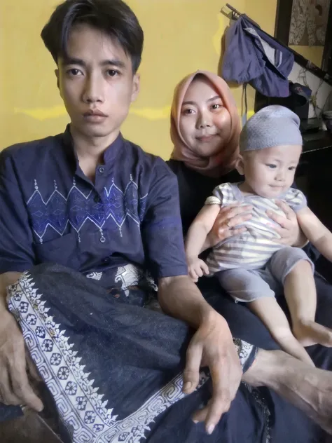 Malay girl, , similar face, wearing a similar headscarf, similar pink songket clothes, holding an Indonesian boy, 2 years old, Wsimilar white cap, similar background, looks very real and natural,