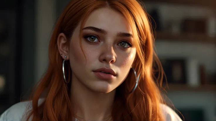A young lady aged 16 yrs, with long bright red hair, wavy hair, tied in a side ponytail, with air bangs. She has green eyes.  She is wearing a red leather jacket. She is naked underneath. She has an athletic figure. She is wearing gold earrings. Looking directly into the camera. She has fair skin, freckles, constricted pupils, parted lips, large breasts, perfect lips, perfect nose, cute face, baby face, Hyperrealism, cinematic lighting, jpeg artifacts, bokeh, textured skin, UHD, best quality, masterpiece, high details, bust chart, close-up view