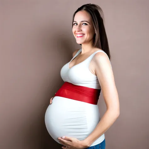 (photorealism:1.2),Create a detailed marketing image that showcases a stylish pregnancy belly holder. The image should feature a pregnant woman in her third trimester, wearing a comfortable and supportive belly holder. The belly holder should be made of a soft, breathable fabric, with adjustable straps to provide personalized support. Emphasize the design, which combines both functionality and fashion, with a sleek, modern look. The woman should be smiling and relaxed, highlighting the comfort the product provides. The background should be neutral and clean, drawing attention to the product and the woman's positive experience. The overall feel should be warm, supportive, and empowering, targeting expectant mothers who value both comfort and style during their pregnancy.
