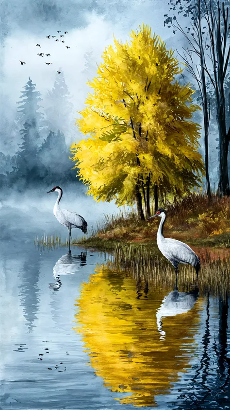 On a quiet evening, a flock of white herons gather gracefully around the pond. The reflective surface of the lake reflects its graceful appearance, creating a calm and picturesque landscape. The autumn air carries a bit of cold, and the grass by the lake is withered. The scene unfolds as a masterpiece in the mind's eye, with rich colors rendering the scene a stunning oil painting. As the sun begins to set, rich hues of orange, red, and yellow color the sky and reflect the changing seasons on the water. The silence of the scene is broken only by the gentle rocking of the e.,masterpiece,Paintings by masters,musse egret,evening,oil,brush stroke,rendering,rich colors,最高masterpiece,best composition,intricate details,