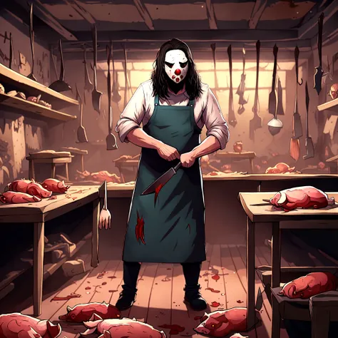 a creature, naughty man, wear a cloth mask, brawny, evil smile, scary eyes, butcher's clothing
