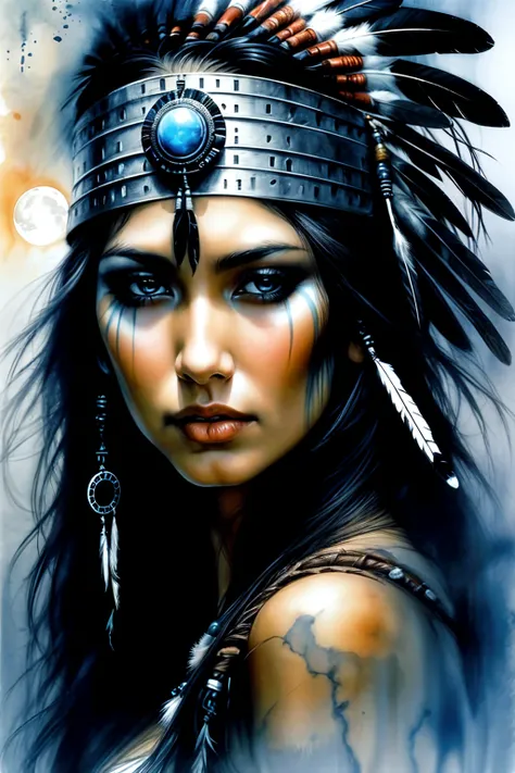 A beautiful angry indigenous woman, cabelos pretos longos cacheados com franja, rosto bonito, imagem alto detalhe, simetria, Arte de Fantasia