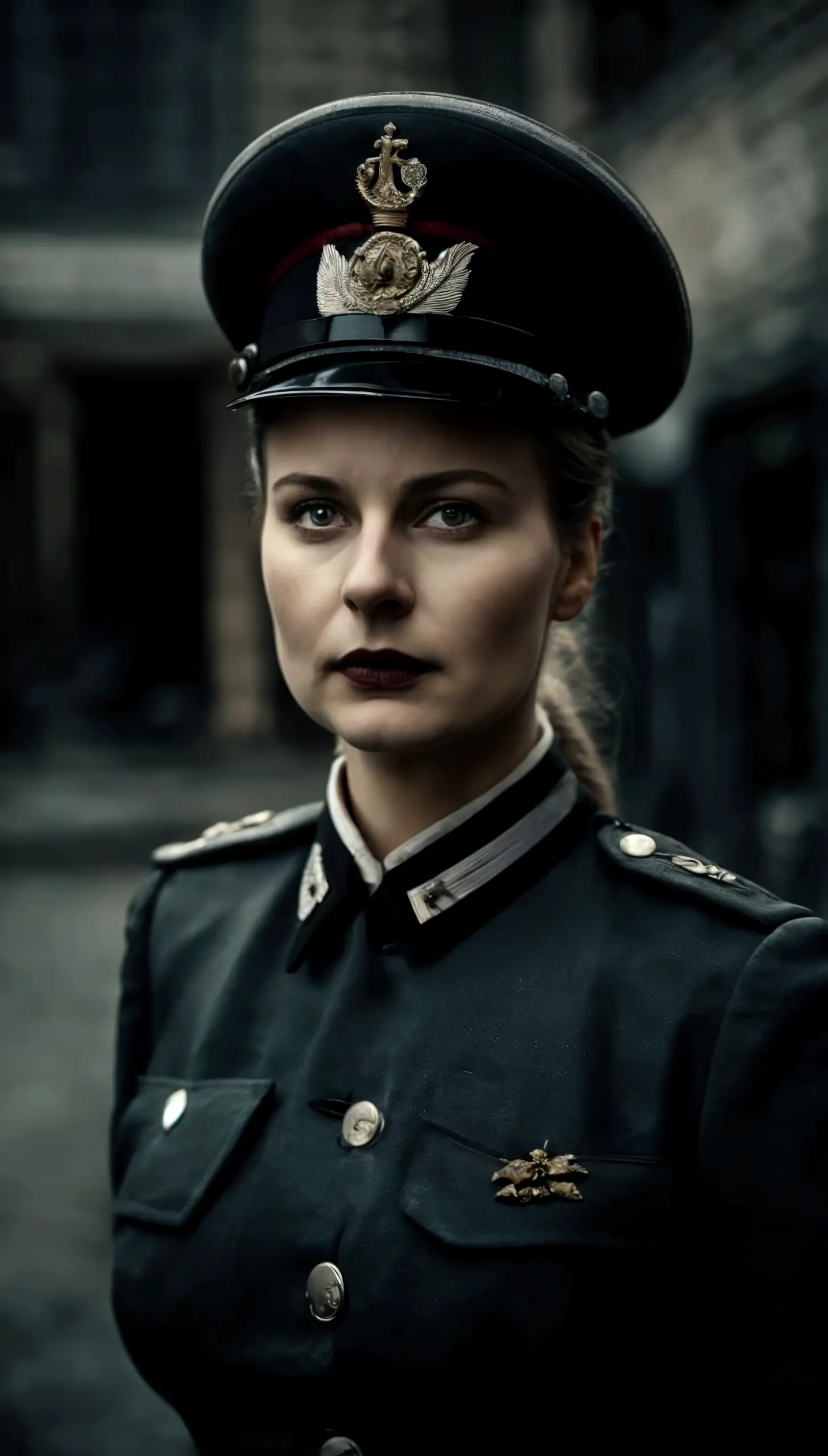 (A black leather eyepatch over one eye:1.9), A young and very beautiful woman in a black sexy tight military uniform. Very detailed顔の特徴, Thick lips, Beautiful Eyes, Perfect Skin, Ideal body type, military cap, A giant syringe bigger than my thigh:1.Has 7, Captivating look, In front of a dark basement, Realistic, 8k, Very detailed, Cinema Lighting, Dramatic Shadows, Cold Tones, 