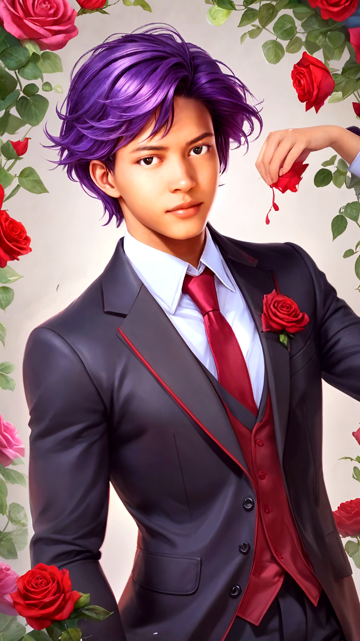 There is a man in a suit and tie with purple hair - SeaArt AI