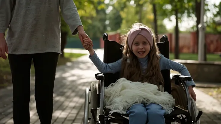 the portrait of a child girl looking at the camera who has round face, blonde girl, amber colored eyes, long hair,pink dress, white skin, sitting in wheelchair, realistic, high details, 8k, intricate details