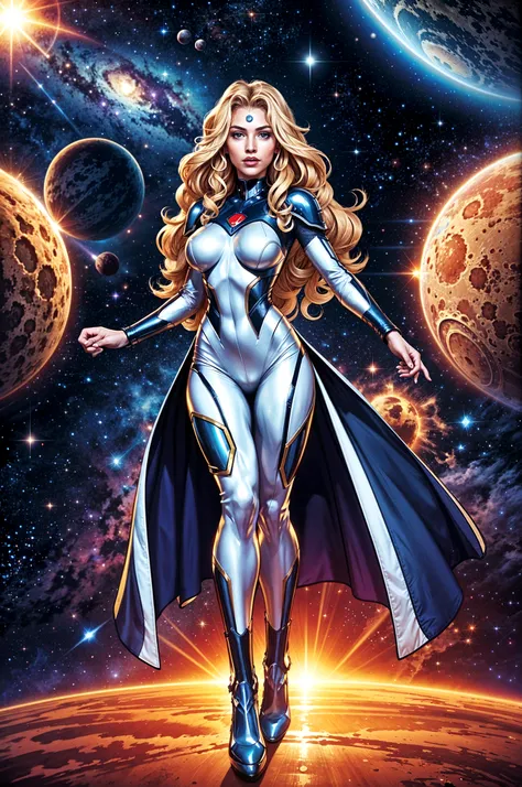best quality, masterpiece, woman space retro futirism, beautiful face,hi-tech armour over silver latex suit, long curly blonde hair,in deep space, with several planets and suns in the background