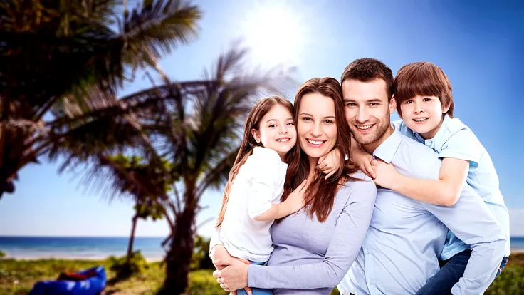 portrait of a happy family at the beach, photo, realistic, smooth face, perfect eyes, wide angle, sharp focus, 8 k high definition, insanely detailed, intricate, oliver wetter, beautiful, hd, dream, ultra wide angle, hyperrealism, hyper detailed