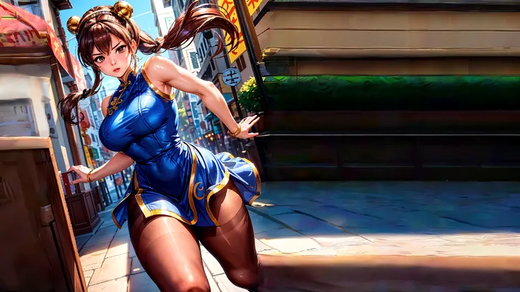 The image depicts Cammy and Chun-Li, two powerful Street Fighter fighters, in a dynamic and intense confrontation. Both are wearing short, iconic wrestling suits that highlight their athletic bodies. Cammy wears her signature military attire, consisting of a tight olive green tights with black and red accents. She also has matching gloves and boots, which offer protection and agility. Chun-Li, for his part, wears his classic Chinese combat suit, known as "qipao." The qipao is vibrant blue in color, with gold accents and short skirt that allows freedom of movement for its powerful kicks. She also wears white socks and boots, further enhancing her sleek appearance. Both fighters are immersed in a dynamic pose. Cammy performs an acrobatic leap in the air, displaying her agility and dexterity. She swings her leg back, bracing herself for a precise kick. Her blonde hair is flowing as she focuses all her energy on the blow. Chun-Li, on the other hand, has his feet firmly planted on the ground, demonstrating his stability and strength. His right fist is raised, ready to deliver a powerful punch towards Cammy. Her long black hair floats in the wind, giving her an imposing appearance. The image is set in a nighttime urban setting, with neon-lit streets and tall buildings in the background. The bright lights cast dramatic shadows over the fighters, highlighting their tense muscles and determined expressions. Sparks and motion effects add a touch of dynamism to the scene, capturing the energy of confrontation. --auto --s2
