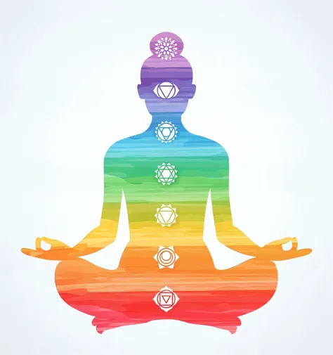 Generate an image that has an original shape, delicate, Of course the symbols of the 7 chakras with many colors in strong tones.