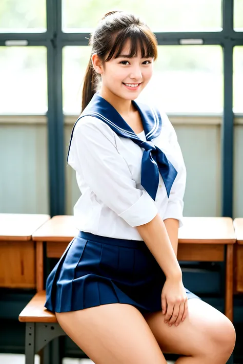masterpiece,best quality,(Japanese schoolgirl),((Beautiful girl))(18yo),cleavage,((schoolroom)),the expression imagining what feels good:1.2,(perfect body beauty:1.2),((perfect body)),(shy smile),beautiful teeth,