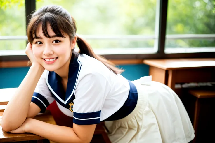 (Highest quality,masterpiece:1.3,Ultra-high resolution),(Very detailed,Caustics,8K),(Realistic:1.4,RAW shooting),(School classroom),(Girl resting her chin on the desk),Sit on a chair,18-year-old,cute,Japanese,Looking into the camera,Black hair ponytail,Sailor suit,(The light coming in from the window illuminates the girl:1.1),(Curtains swaying in the wind),(Bust up shot),(Face Focus),(Face close-up),Low position,Low Angle,Natural light,Smile,