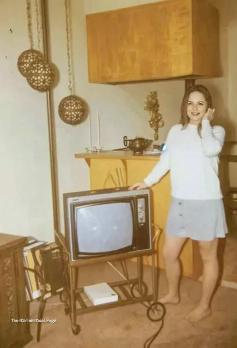 Photoshooting, A girl posing on top of multi old tv`s and boxes, shot from below, 15 years old girl, flat stomach, wide hips, porcelain white skin and freckles, ginger hair,gentle smile,very very skinny girl with a mini low-cut tank top and mini skirt, outfit in the style of television program the mystery machine of scooby doo and his friends, wide shot a beautiful girl, (plain background ),interior tv studio,(looking at viewer), long socks with shoes, wide shot, ginger girl, dinamyc pose, from below, vintage van