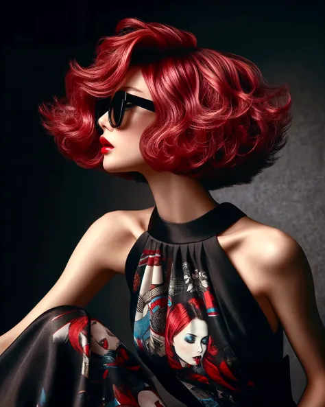 Arafed woman with red hair and sunglasses sitting on a chair - SeaArt AI