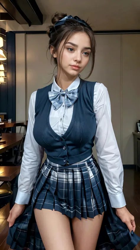 (masterpiece:1.2, highest quality), (Realistic, photoRealistic:1.4), Beautiful illustrations, (Natural Side Lighting, Cinema Lighting), Written boundary depth, Looking at the audience, Front view, 1 girl, English, high school girl, 20-year-old, Perfect Face, Symmetrical cute face, Shiny skin, Leg spread, (Bob Hair:1.7,blonde), Asymmetrical bangs, Big eyes, Droopy eyes, long eyelashes chest), thin, Beautiful Hair, Beautiful Face, Beautiful and beautiful eyes, Beautiful clavicle, Beautiful body, Beautiful breasts, Beautiful thighs, Beautiful legs, Beautiful fingers, ((High-quality fabric, Brown knitted vest, Short sleeve white collar shirt, Navy Pleated Skirt, Navy bow tie)), (Beautiful views), evening, (Inside the flower shop), Are standing, (smile, Superior, Open your mouth), (((Skirt flip, panties, Genitals are visible))), Full Body Shot, Dark blue socks, Sexy Face, Inverted nipples, ((small see threepanties)), wet panties,
