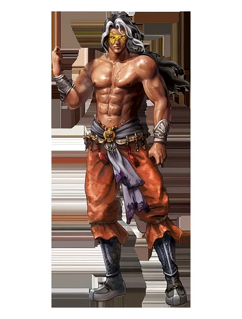 A King of Fighters character, human male, with a lean, agile build and a fierce, animalistic aura. He has tan skin, sharp, feline-like eyes, and wild, untamed hair streaked with red and white, reminiscent of the creature's markings. Atop his head, he wears a decorative headpiece mimicking the creature's horns: a curved, blue-jeweled band that extends into two short, pointed horns. He is dressed in nomadic, desert-inspired clothing: loose-fitting, off-white pants with red tribal markings that evoke the creature's stripes. He wears a simple, brown leather harness across his chest, leaving his arms bare and showcasing his toned physique. He carries a brown leather satchel slung across his hip, similar to the creature's, possibly containing mystical objects or potions that he uses in his fighting style. His footwear is simple, perhaps leather sandals or wraps, emphasizing his connection to the earth and agility.