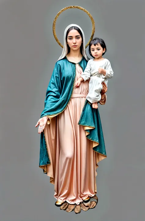 The Virgin Mary, a 40-year-old woman, wearing a maroon tunic and a crown on her head, carrying a child dressed in a green tunic with a crown on his head., child's brown hair, the image that is facing forward and that you can see the feet, no image background