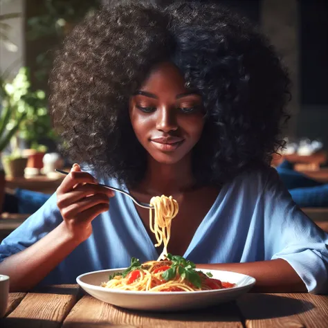 there is a black woman , the woman has curly black , she has brown skin, with dark brownish skin, with long curly, long black curly hydrated bouncy curls hair she has ramen noodles I front of her and she is holding the chopsticks 🍜