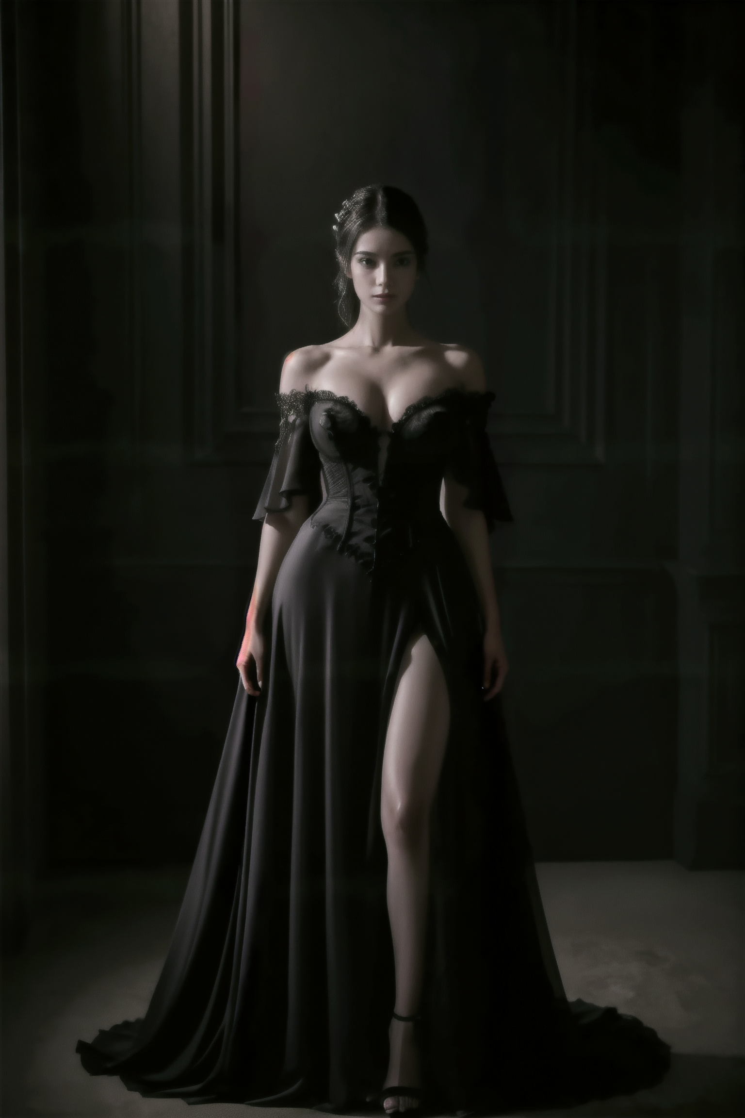 A woman in a black dress posing for a picture in a dark room - SeaArt AI