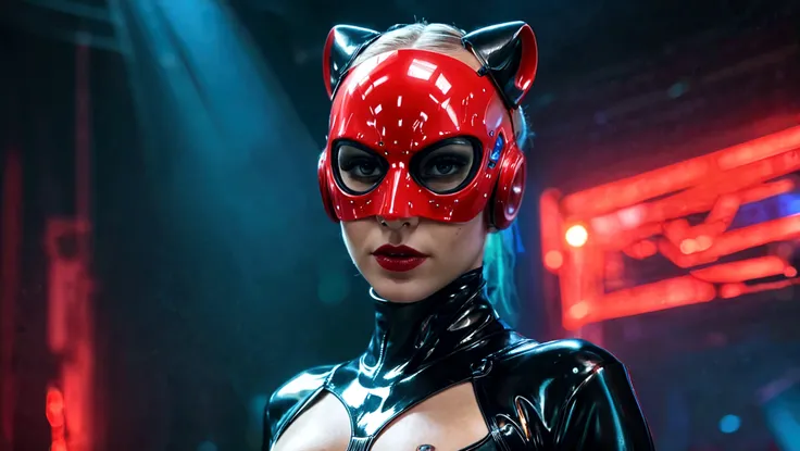 A female robot inspired by Catwoman rubber suit and gas mask Mechanical body Mechanical mouth Office at night, nffsw, retinas, masutepiece, ccurate, Anatomically correct, Textured skin, Super Detail, high details, High quality, awardwinning, Best Quality, hight resolution