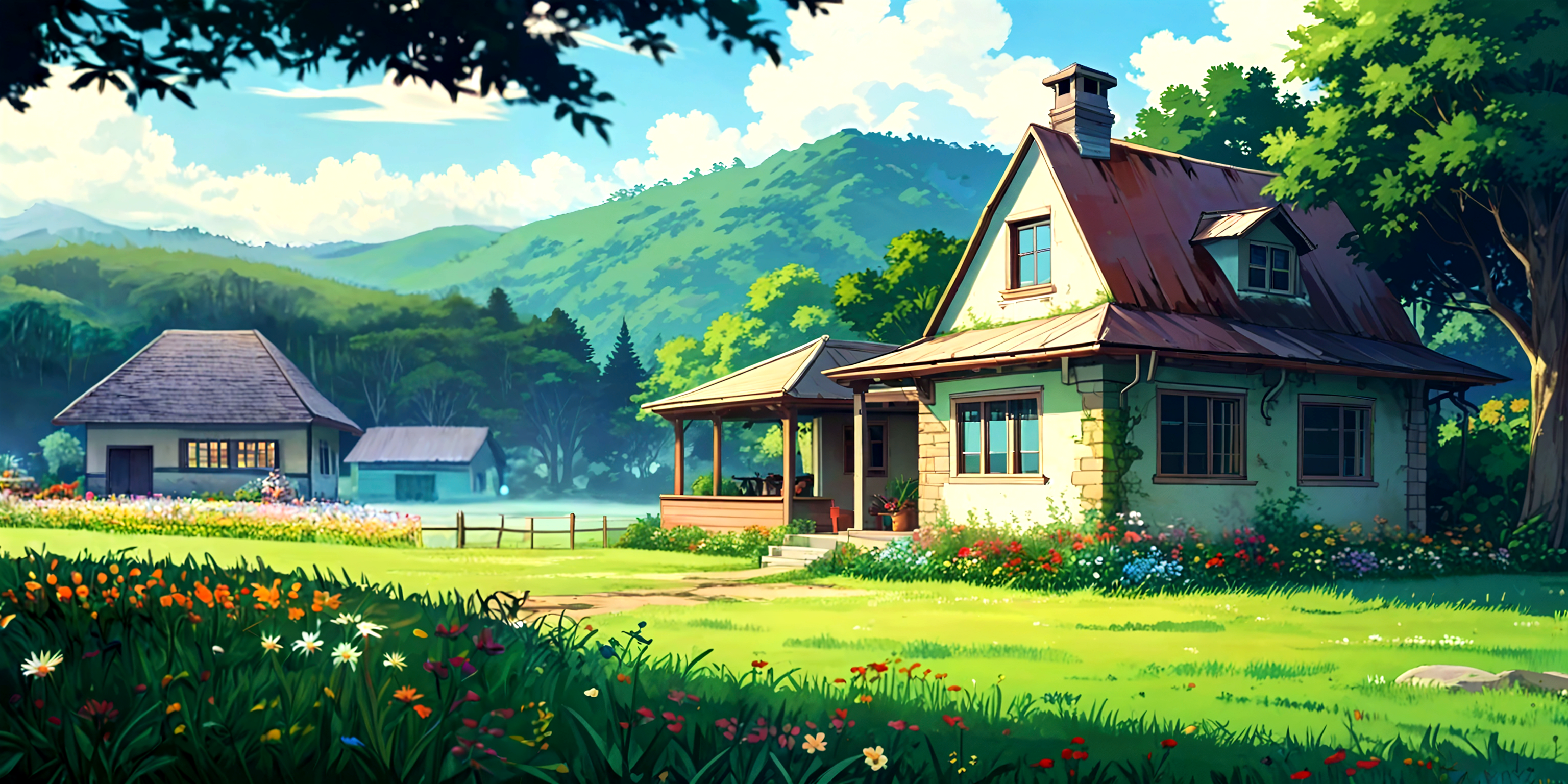 Anime house in the middle of a green field with flowers - SeaArt AI