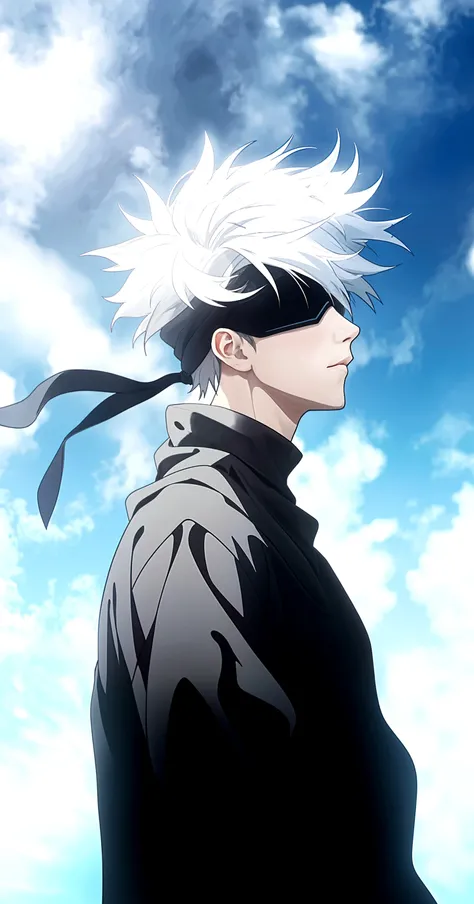 (1 male,satoru gojo,jujutsu kaisen,Gray Hair),(Gojo Satoru Costume Details:Black clothes with a high collar,(Black blindfold)), (Infinite Emptiness)Draw a scene from,Cynical smile,,Gojo is a tall adult male.,A highly likeable male character,Rising pale energy,Ishida Midori Style,I was impressed by Yoshihiro Togashi.,Black, white and blue as main colors,Intricate details,Wind,Impressive illustration work,Decadent,artwork,Perfect Anatomy,Anatomically correct,,Dynamically,nice,wonderful,Dark fantasy,Light and Darkness,Coming this way,(masterpiece:1.3),(highest quality:1.4),(ultra detailed:1.5),High resolution,extremely detailed,unity 8k wallpaper,Close-up shot，xianxia